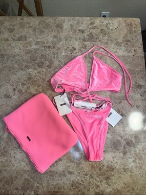 triangl swimwear Neon Pink Triangle Bikini Set with Matching Neoprene Pouch
